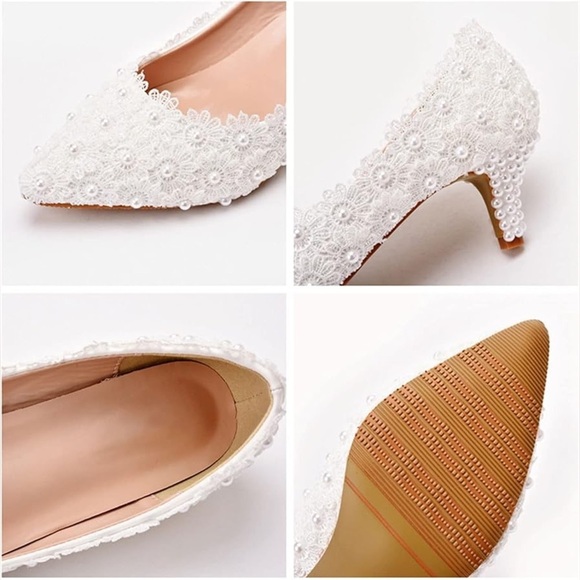Crystal Queen Bridal White Lace Pearl Kitten Heels Wedding Pumps Size 40 8.5 US - Picture 9 of 15